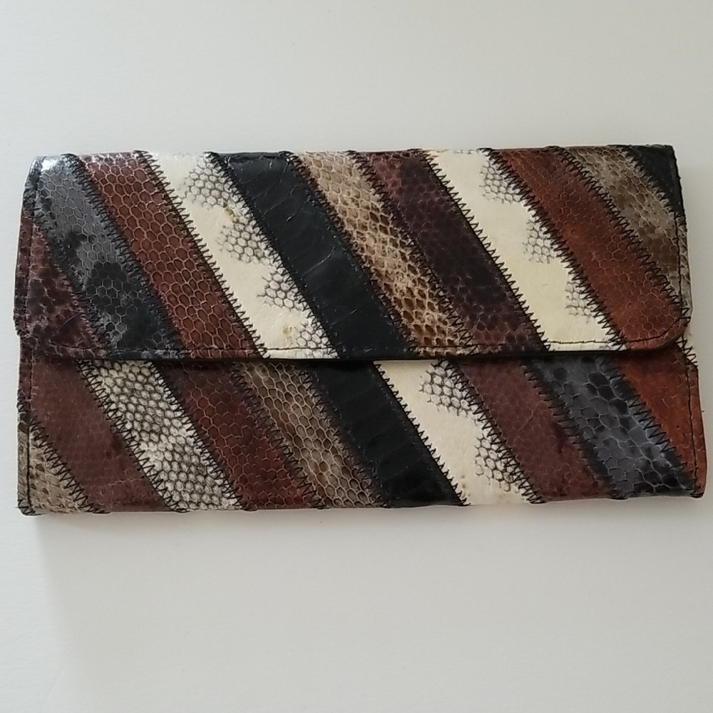 Elegant Striped Clutch - Black, Brown, Cream - Leather & Other Skins.